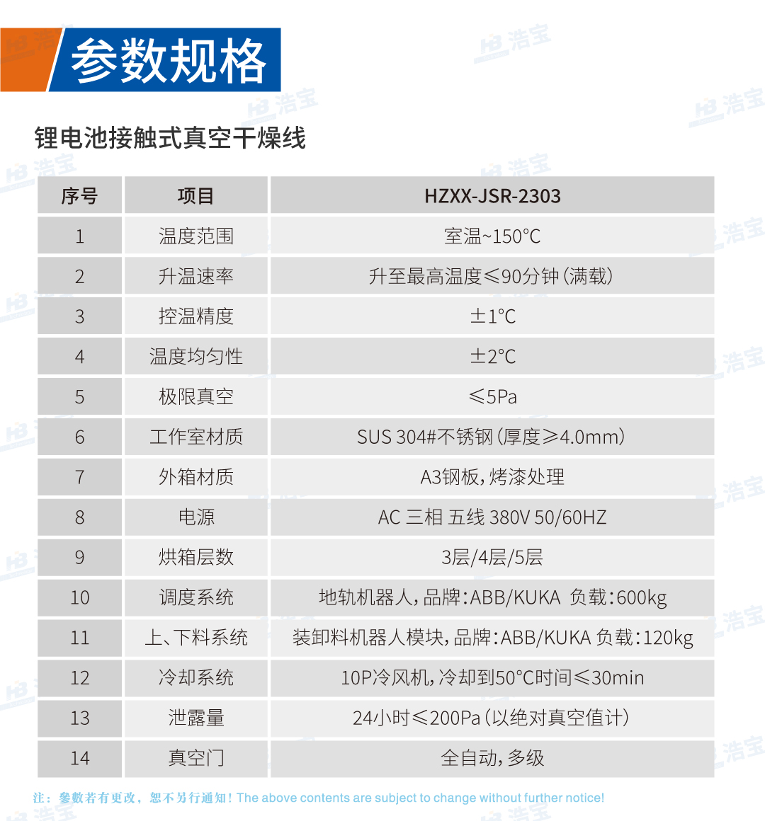浩寶鋰電池接觸式真空干燥線技術參數(shù)